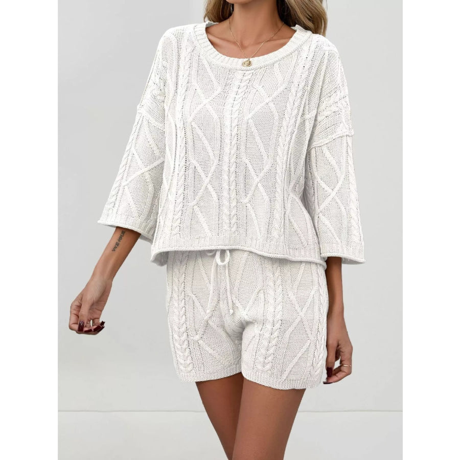 Cable Knit 3/4 Sleeve Sweater and Shorts Set White / S Apparel and Accessories