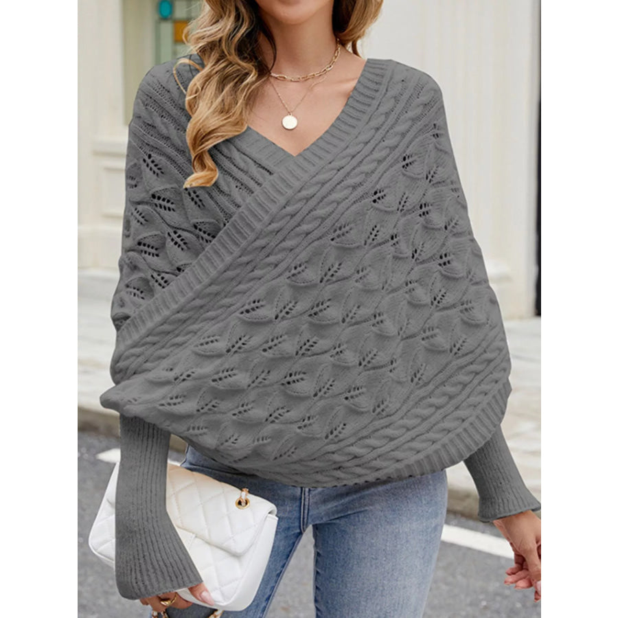 Cable Knit Batwing Sleeve Sweater Gray / One Size Apparel and Accessories