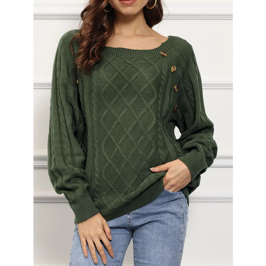 Cable Knit Boat Neck Sweater Army Green / S Apparel and Accessories