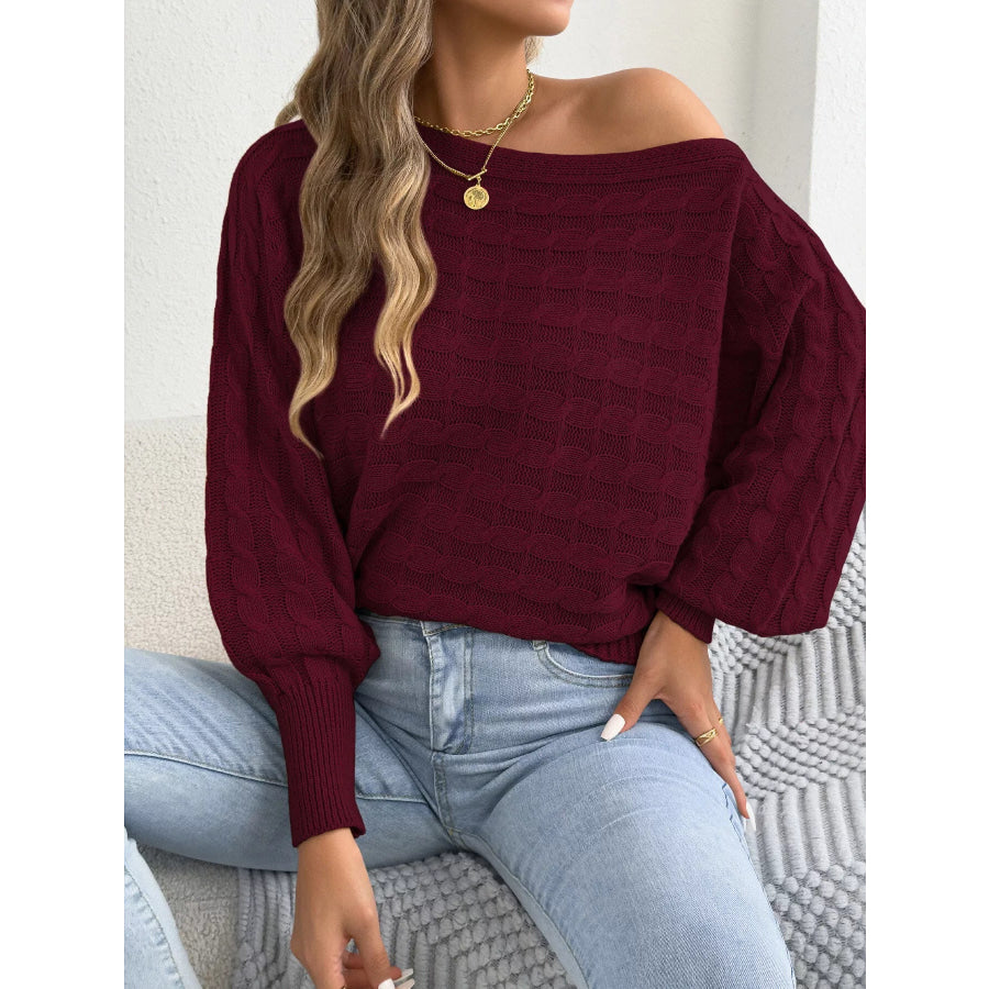 Cable Knit Boat Neck Sweater Burgundy / S Apparel and Accessories