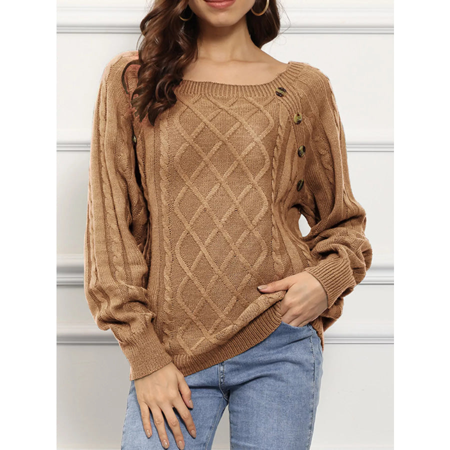 Cable Knit Boat Neck Sweater Khaki / S Apparel and Accessories