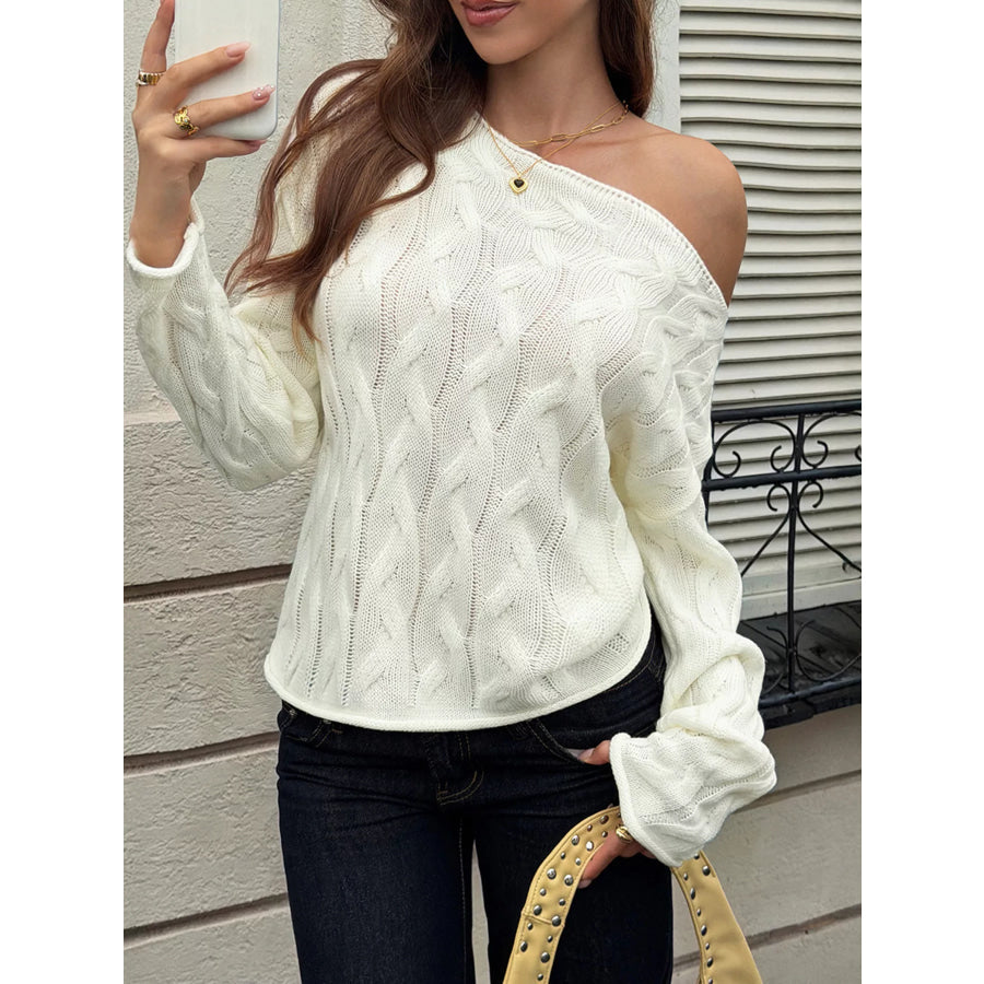 Cable Knit Boat Neck Sweater White / S Apparel and Accessories