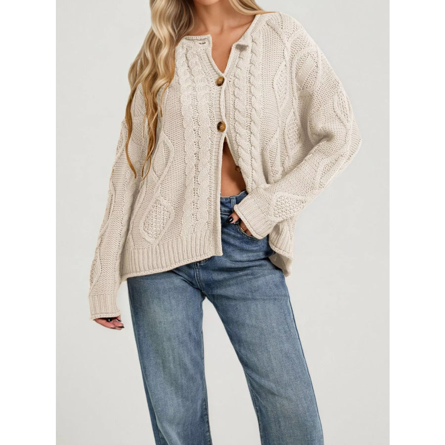 Cable-Knit Button-Down Cardigan Apricot / S Apparel and Accessories