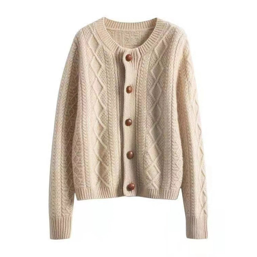 Cable-Knit Button-Down Cardigan Beige / M Apparel and Accessories