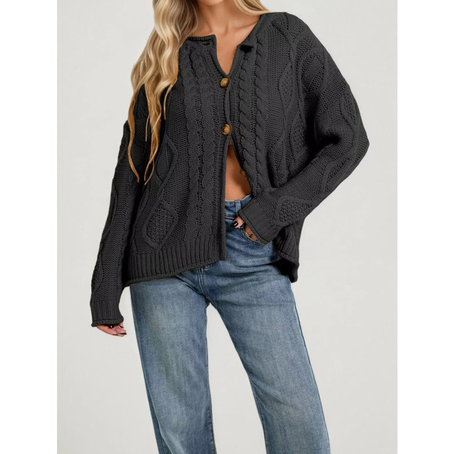 Cable-Knit Button-Down Cardigan Black / S Apparel and Accessories