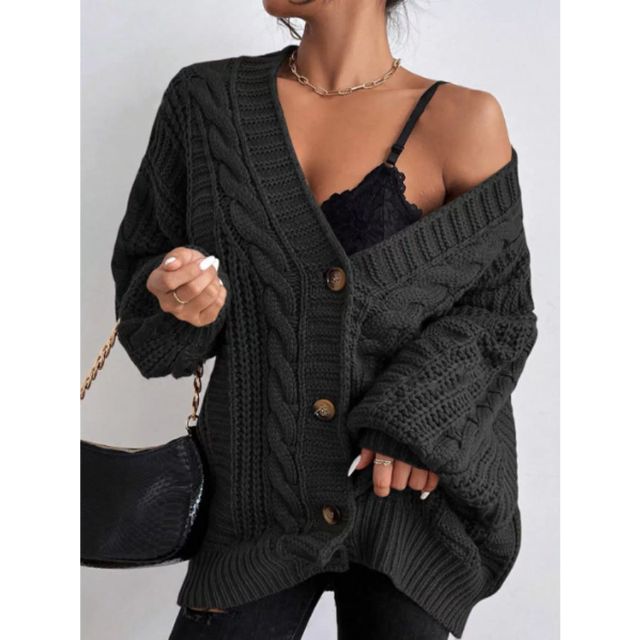 Cable Knit Button-Down Cardigan Black / S Apparel and Accessories