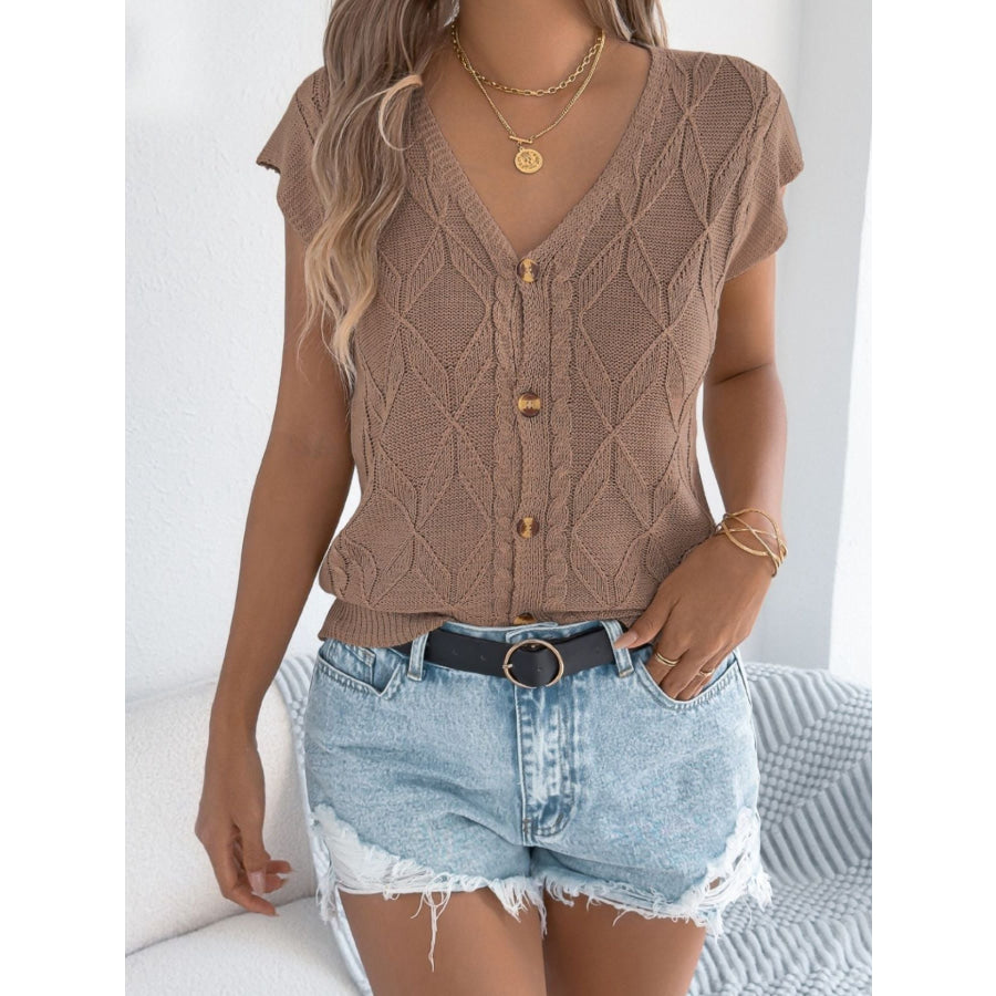 Cable Knit Button-Down Cardigan Brown / S Apparel and Accessories