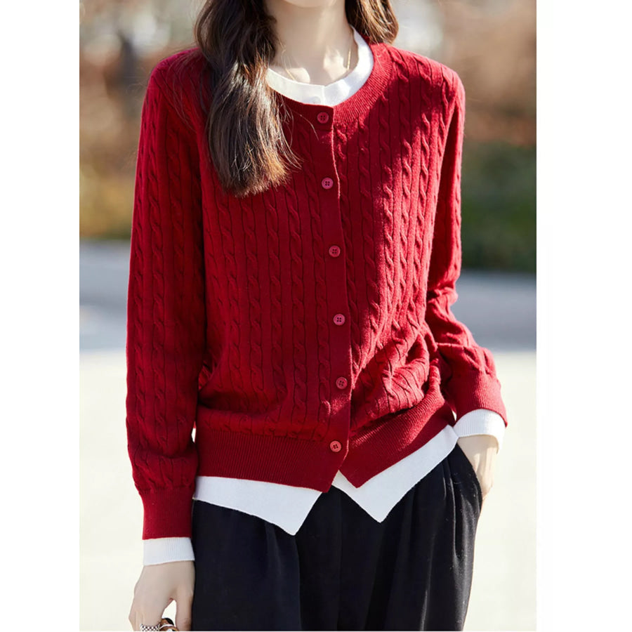 Cable-Knit Button-Down Cardigan Burgundy / M Apparel and Accessories