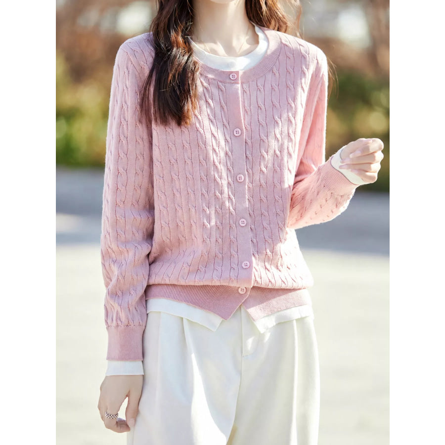 Cable-Knit Button-Down Cardigan Cherry Blossom Pink / M Apparel and Accessories