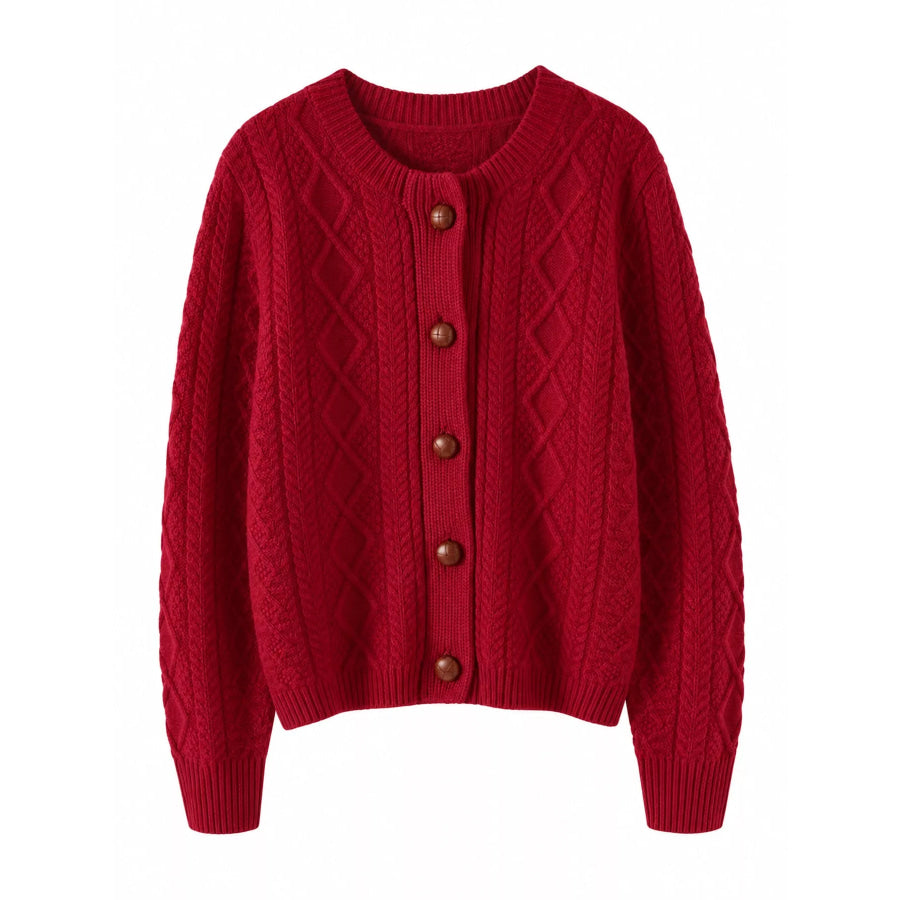 Cable-Knit Button-Down Cardigan Cherry Red / M Apparel and Accessories