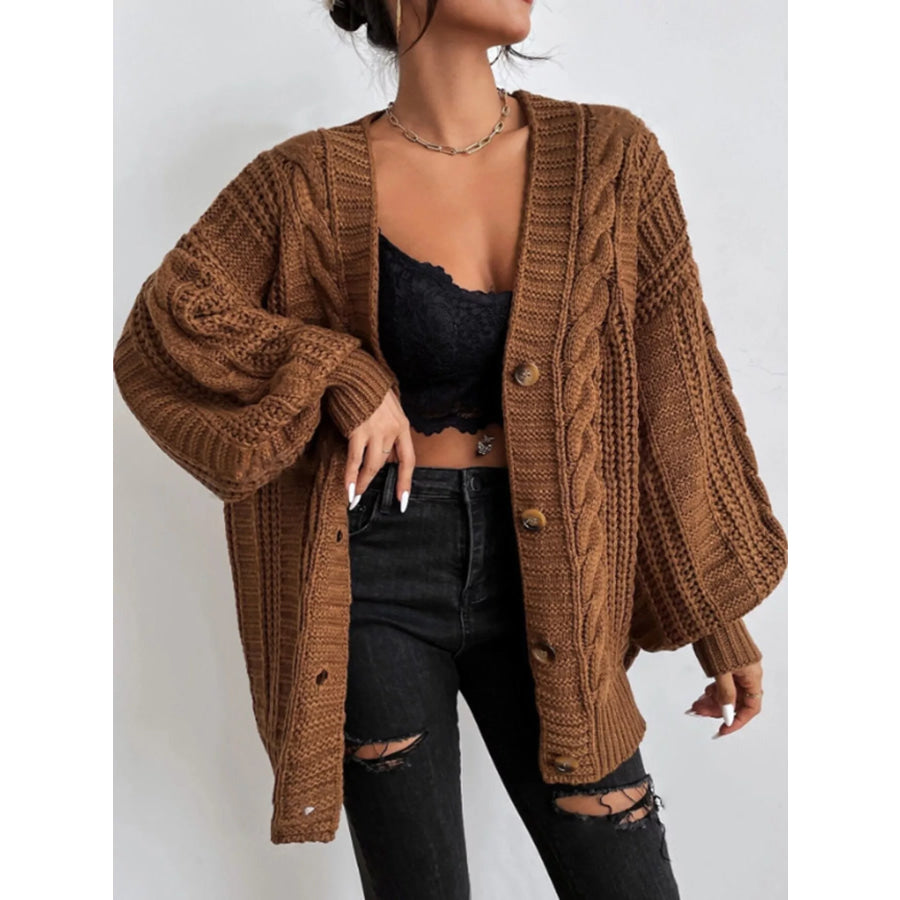 Cable Knit Button-Down Cardigan Dark Brown / S Apparel and Accessories
