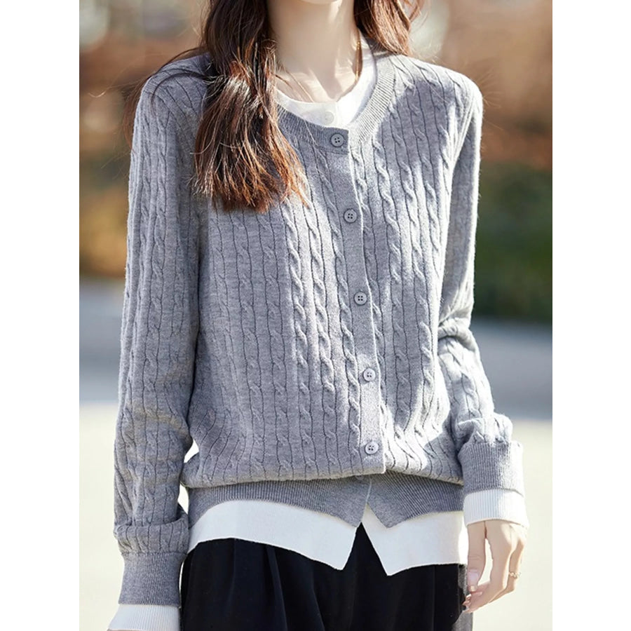 Cable-Knit Button-Down Cardigan Elegant Gray / M Apparel and Accessories