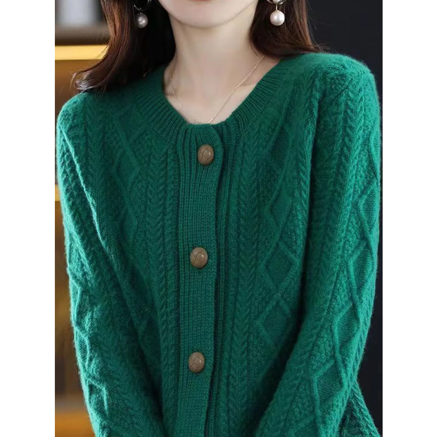 Cable-Knit Button-Down Cardigan Emerald Green / M Apparel and Accessories