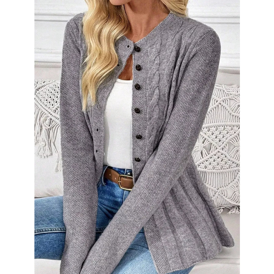 Cable-Knit Button-Down Cardigan Gray / S Apparel and Accessories