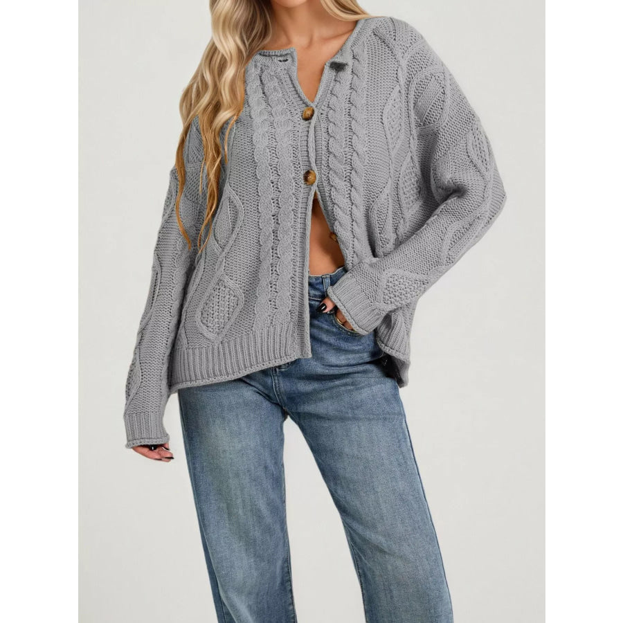 Cable-Knit Button-Down Cardigan Gray / S Apparel and Accessories