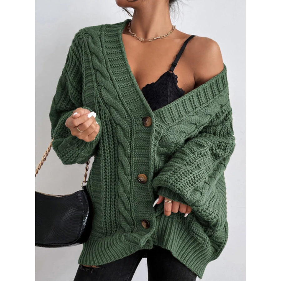 Cable Knit Button-Down Cardigan Green / S Apparel and Accessories