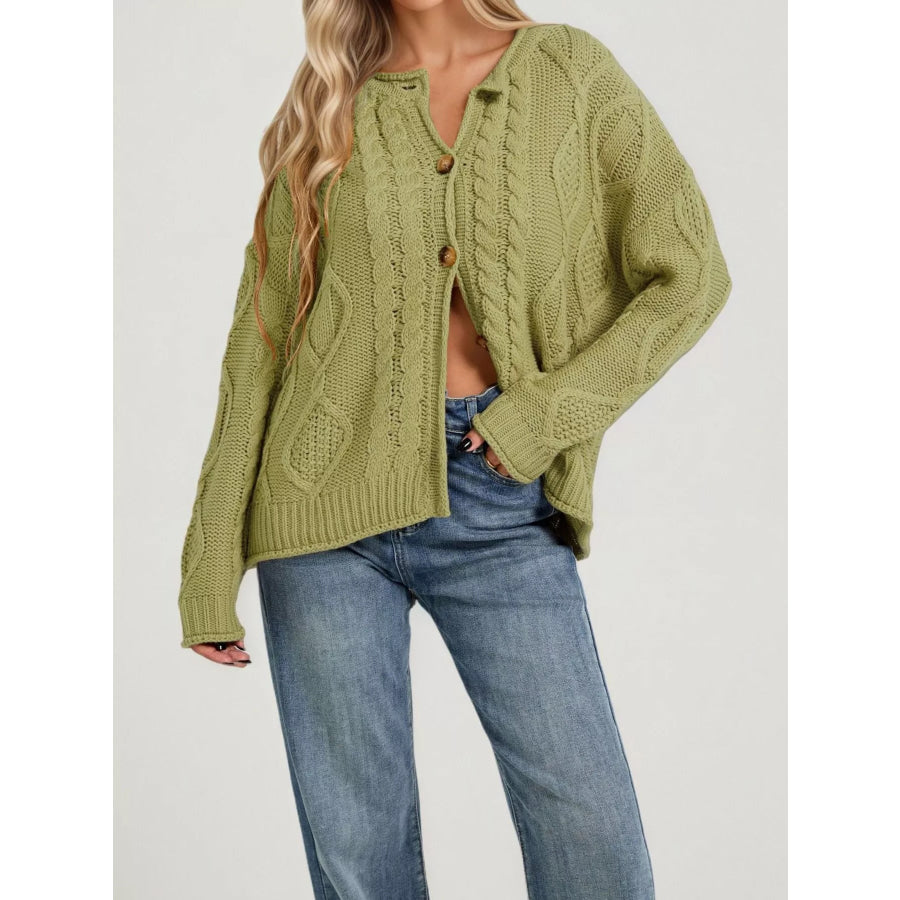 Cable-Knit Button-Down Cardigan Green / S Apparel and Accessories