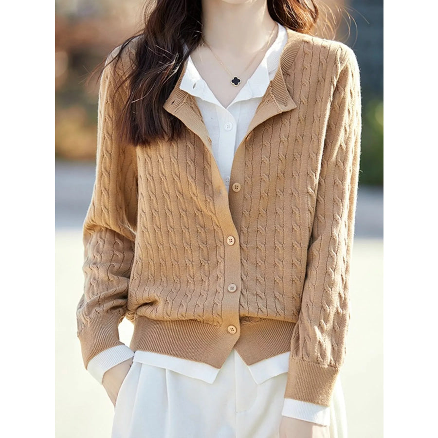 Cable-Knit Button-Down Cardigan Khaki / M Apparel and Accessories
