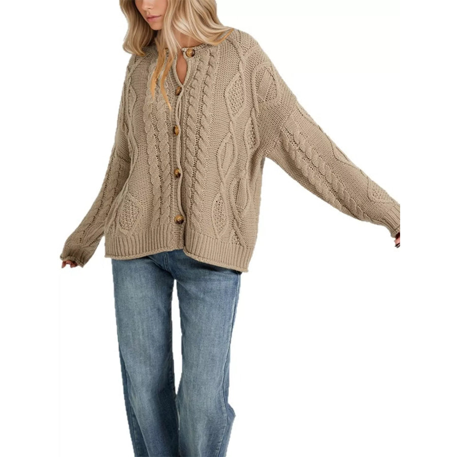 Cable-Knit Button-Down Cardigan Khaki / S Apparel and Accessories