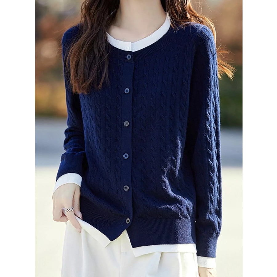 Cable-Knit Button-Down Cardigan Navy / M Apparel and Accessories