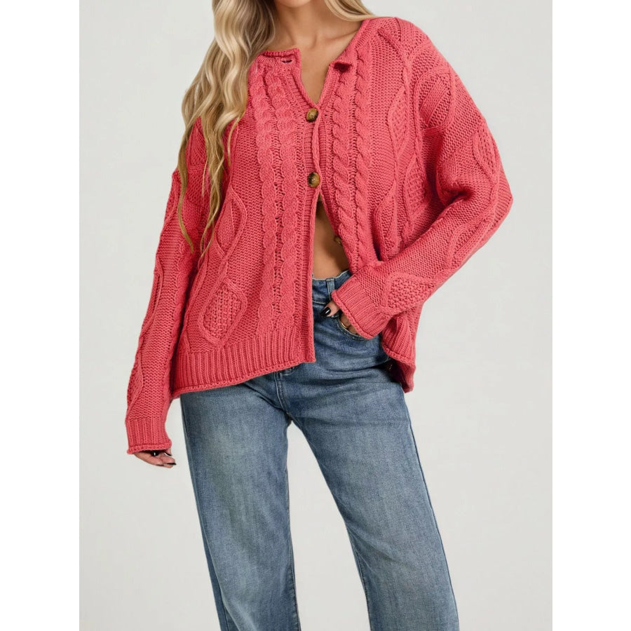 Cable-Knit Button-Down Cardigan Red / S Apparel and Accessories