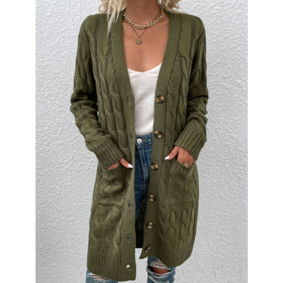 Cable-Knit Button Down Cardigan with Pockets Army Green / S