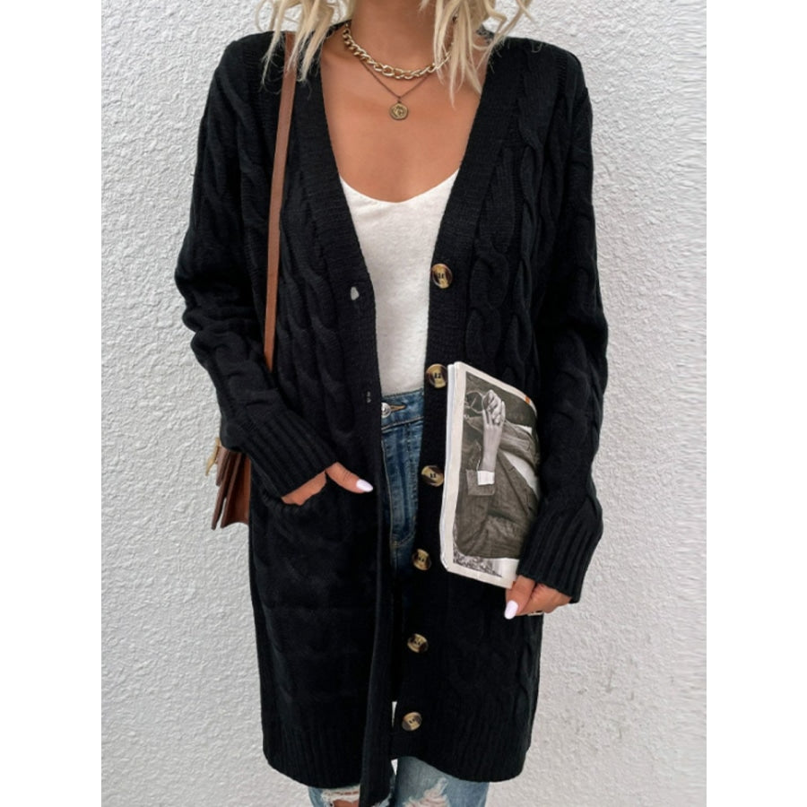 Cable-Knit Button Down Cardigan with Pockets Black / S