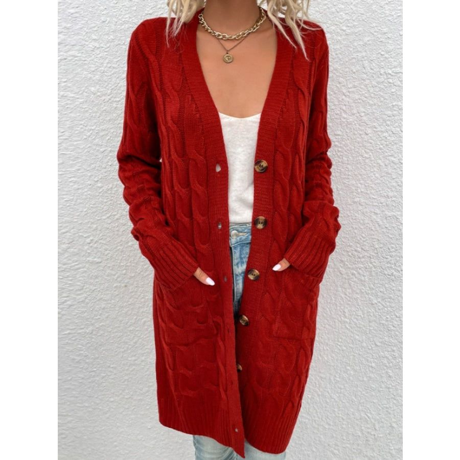 Cable-Knit Button Down Cardigan with Pockets Deep Red / S