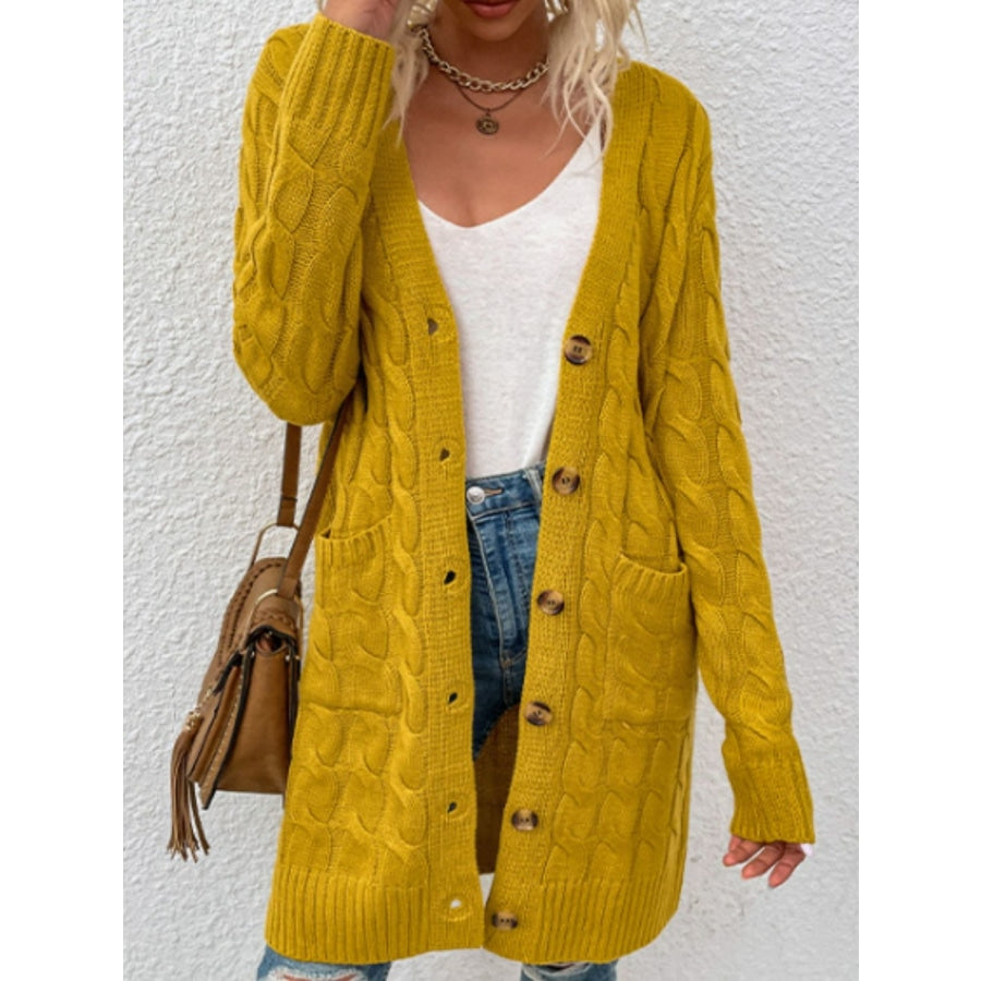 Cable-Knit Button Down Cardigan with Pockets Honey / S