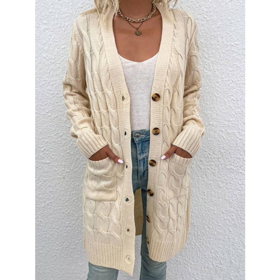 Cable-Knit Button Down Cardigan with Pockets Sand / S