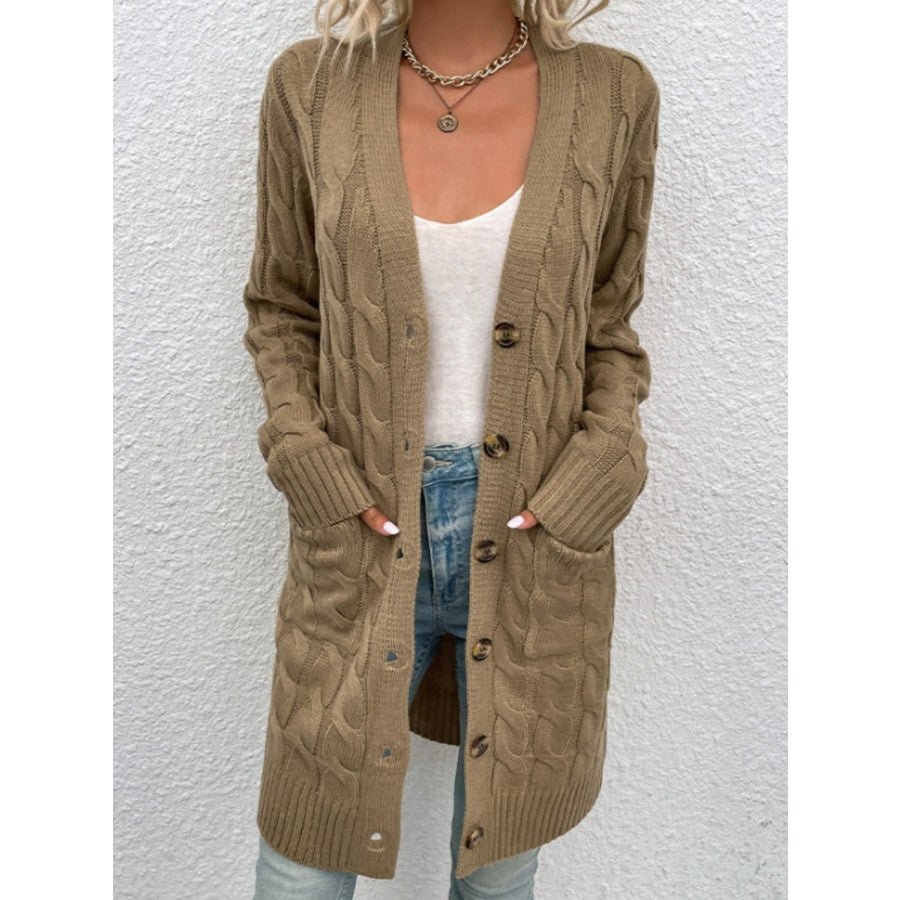 Cable-Knit Button Down Cardigan with Pockets Taupe / S