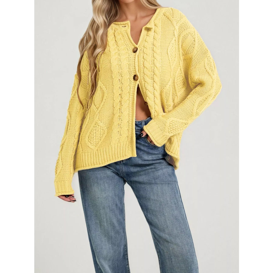 Cable-Knit Button-Down Cardigan Yellow / S Apparel and Accessories