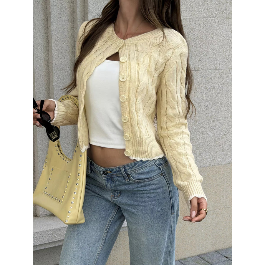 Cable Knit Button-Down Cropped Cardigan Pastel Yellow / S Apparel and Accessories