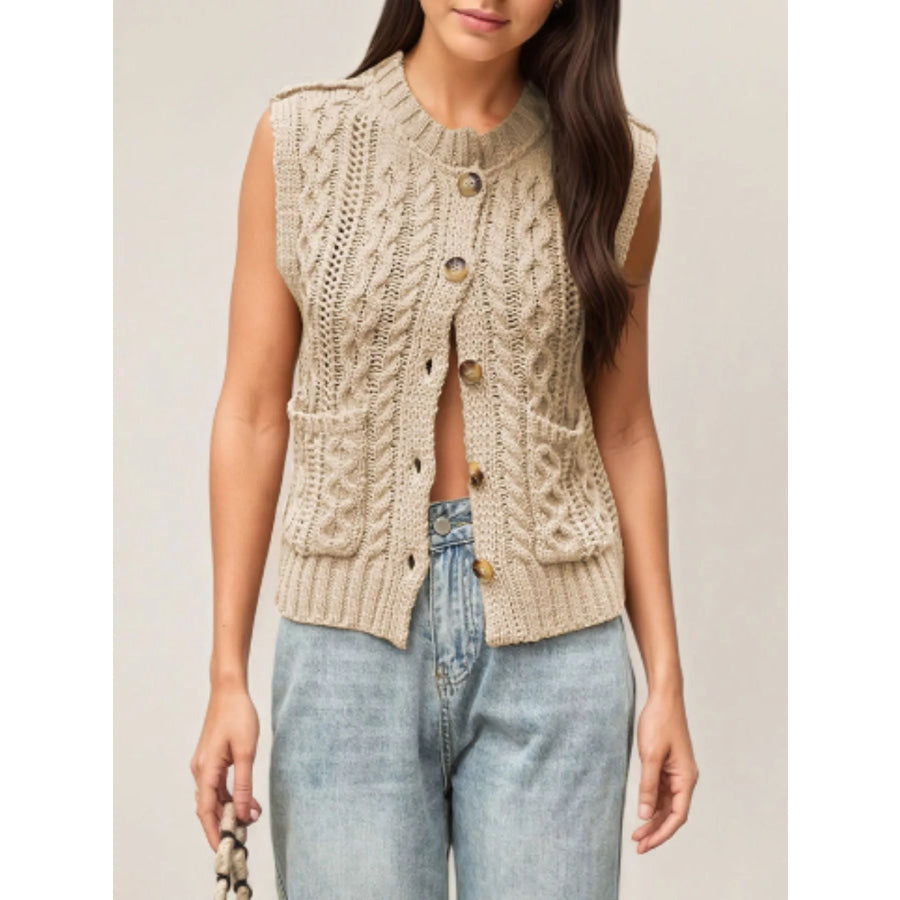 Cable-Knit Button-Down Sweater Vest Apricot / S Apparel and Accessories