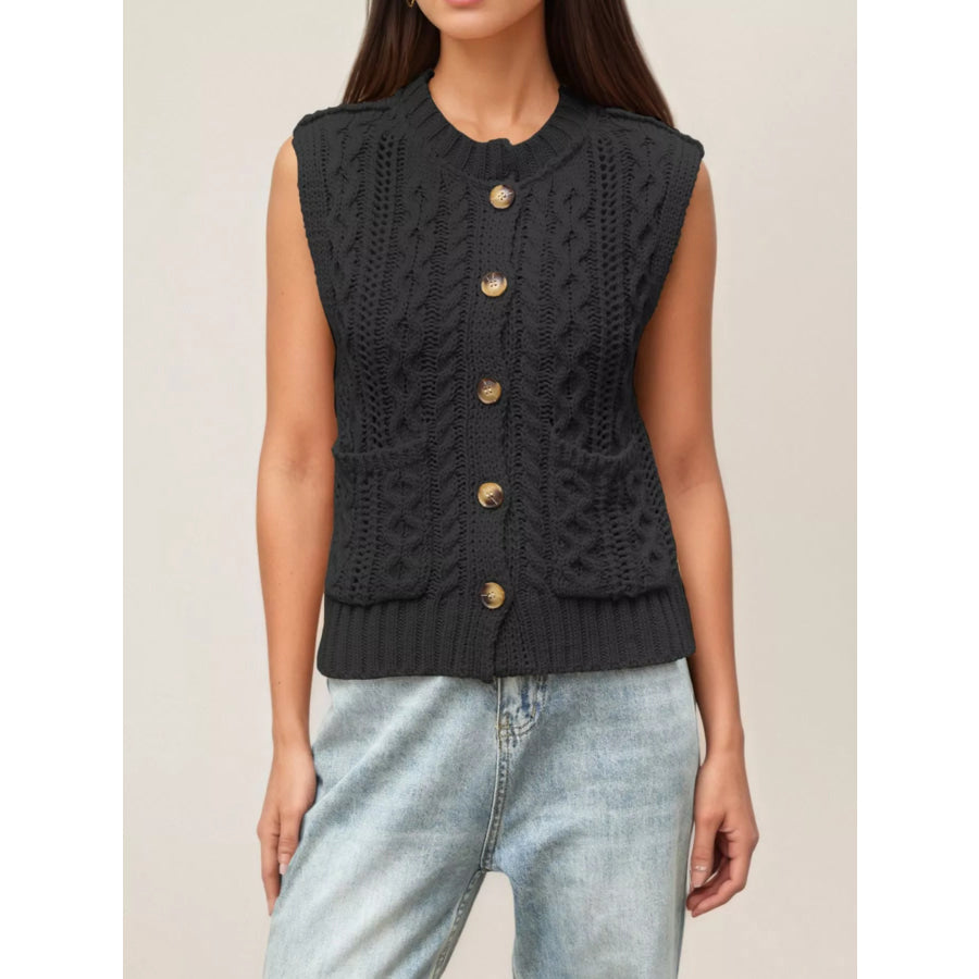 Cable-Knit Button-Down Sweater Vest Black / S Apparel and Accessories