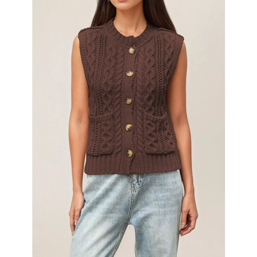Cable-Knit Button-Down Sweater Vest Brown / S Apparel and Accessories