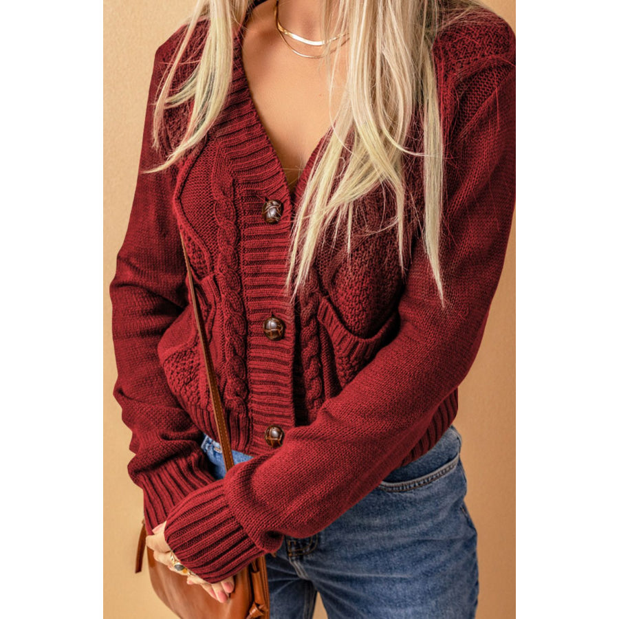 Cable-Knit Button Down V-Neck Cardigan Apparel and Accessories