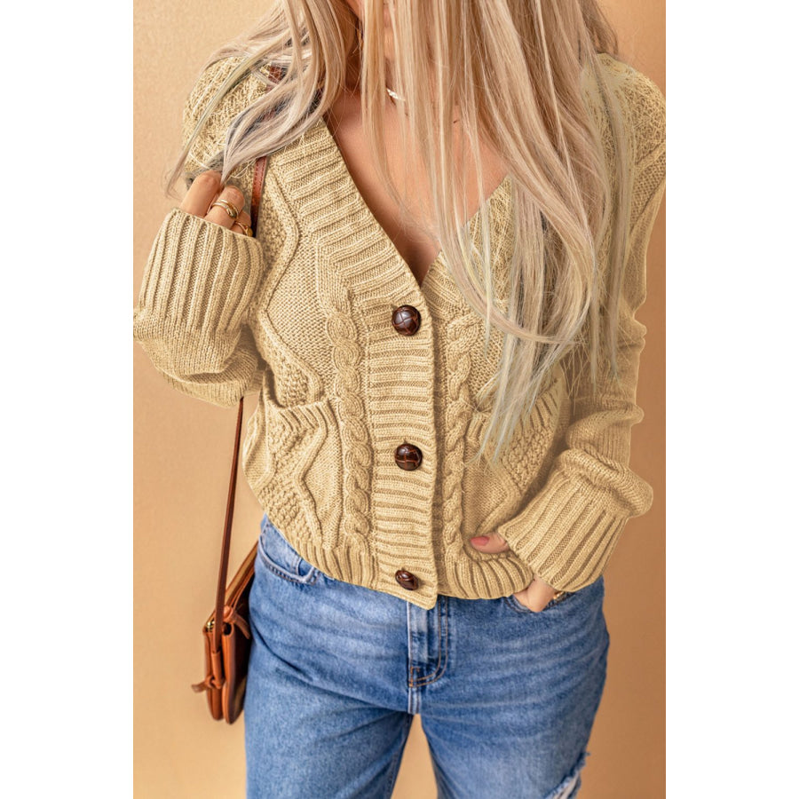 Cable-Knit Button Down V-Neck Cardigan Beige / M Apparel and Accessories