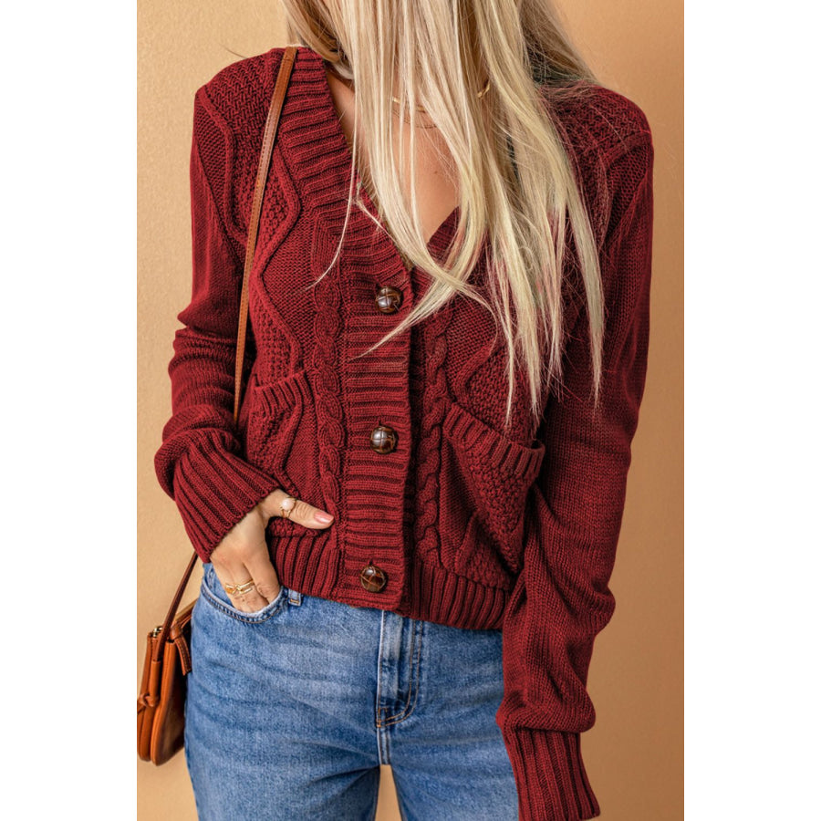 Cable-Knit Button Down V-Neck Cardigan Burgundy / M Apparel and Accessories