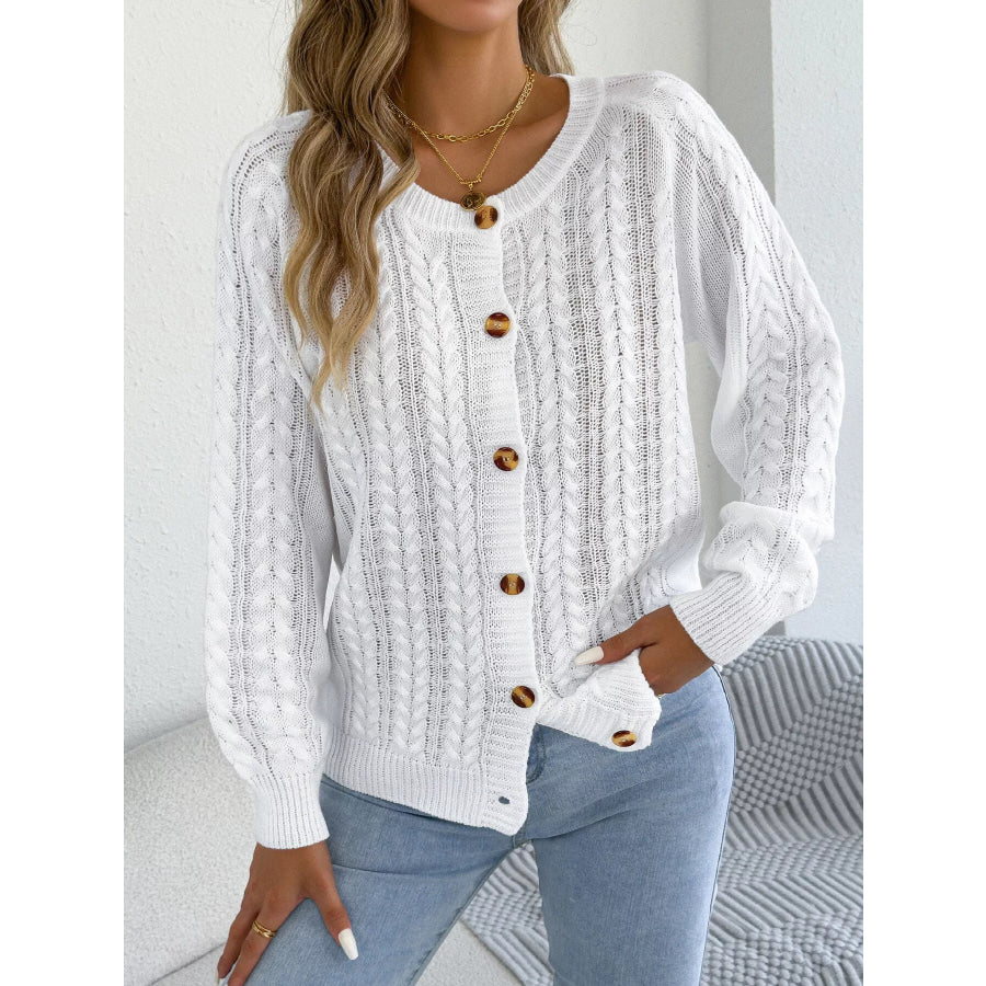 Cable Knit Button-Front Cardigan White / S Apparel and Accessories