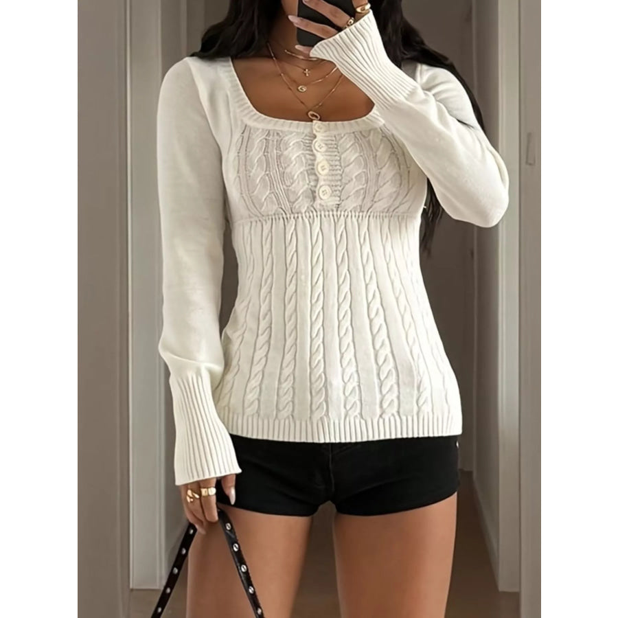 Cable Knit Button-Front Fitted Sweater Apparel and Accessories