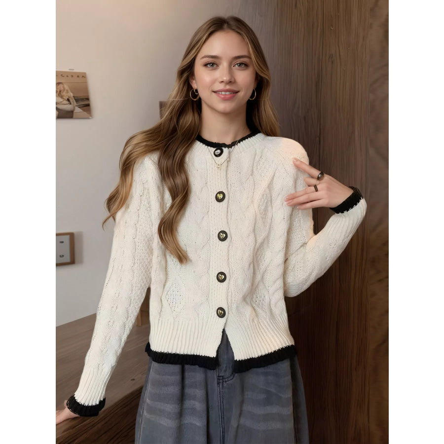Cable Knit Button Up Cardigan Apricot / One Size Apparel and Accessories