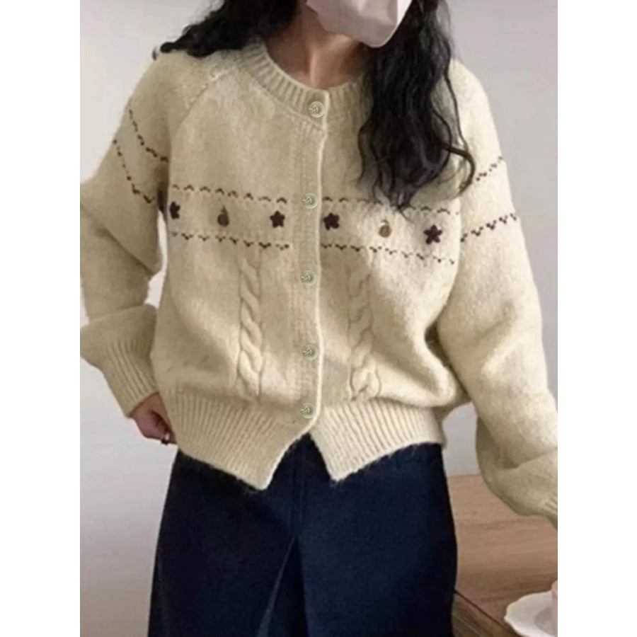 Cable Knit Button Up Cardigan Beige / One Size Apparel and Accessories