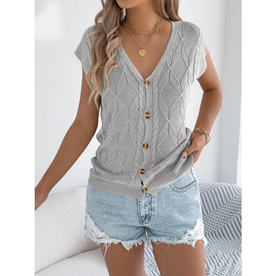 Cable Knit Button-Up Cardigan Gray / S Apparel and Accessories
