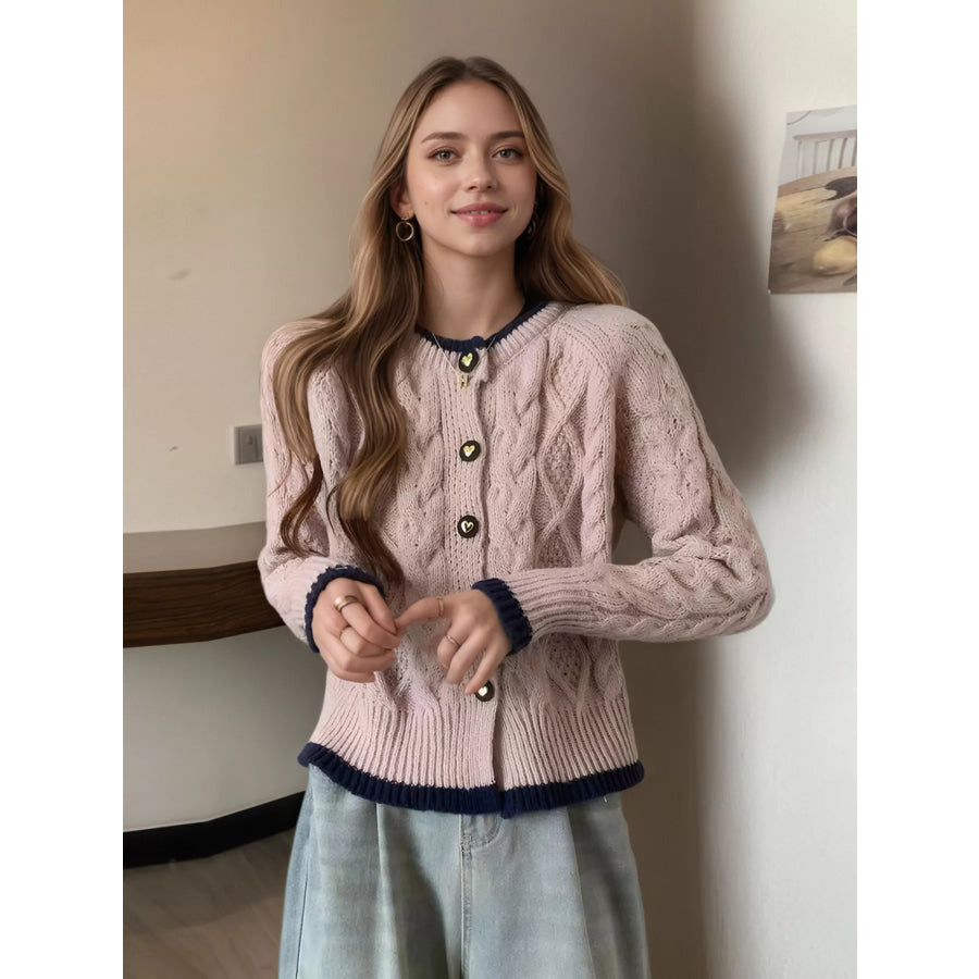 Cable Knit Button Up Cardigan Pink / One Size Apparel and Accessories