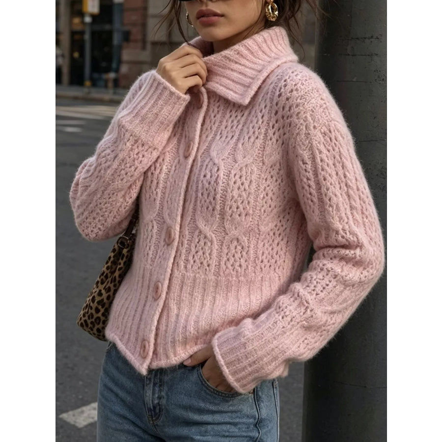 Cable-Knit Button Up Cardigan Pink / One Size Apparel and Accessories