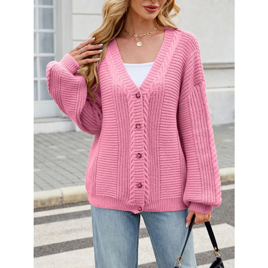 Cable Knit Button-Up Cardigan Pink / S Apparel and Accessories