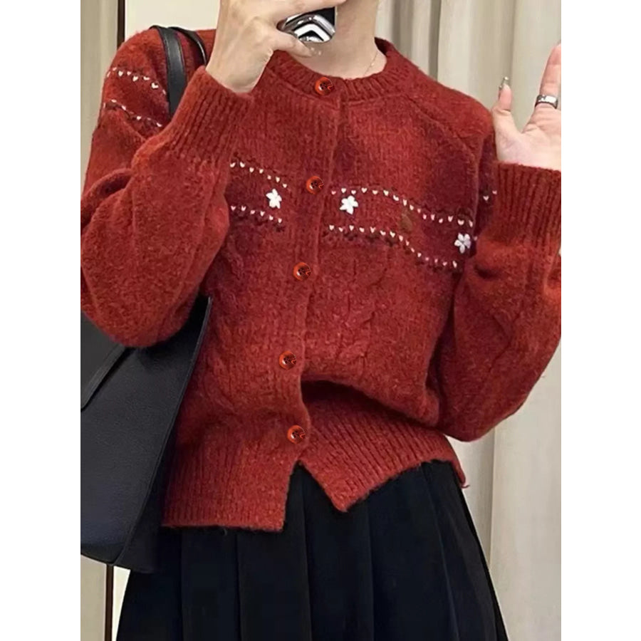 Cable Knit Button Up Cardigan Red / One Size Apparel and Accessories