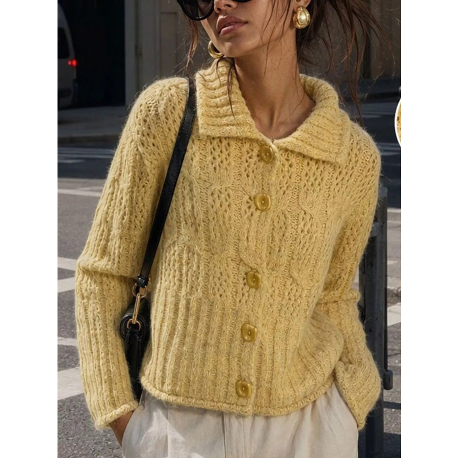 Cable-Knit Button Up Cardigan Yellow / One Size Apparel and Accessories