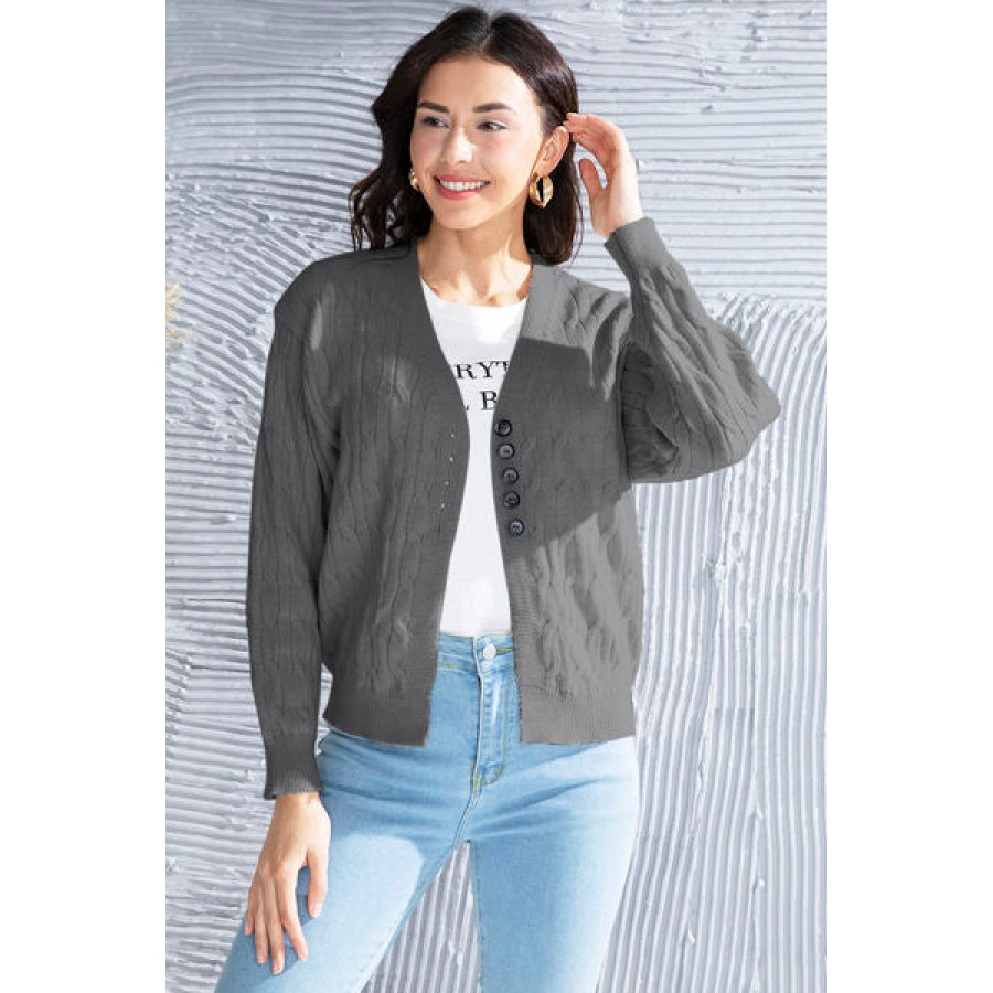 Cable-Knit Button Up Dropped Shoulder Cardigan Charcoal / S Clothing